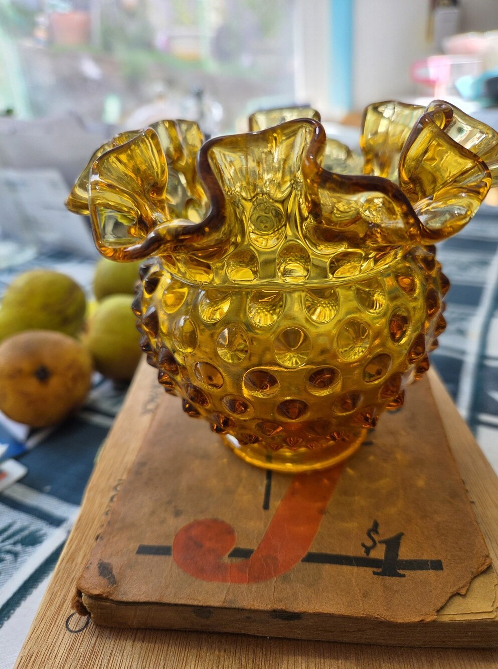 Vintage Fenton Amber Glass Hobnail Vase Signed